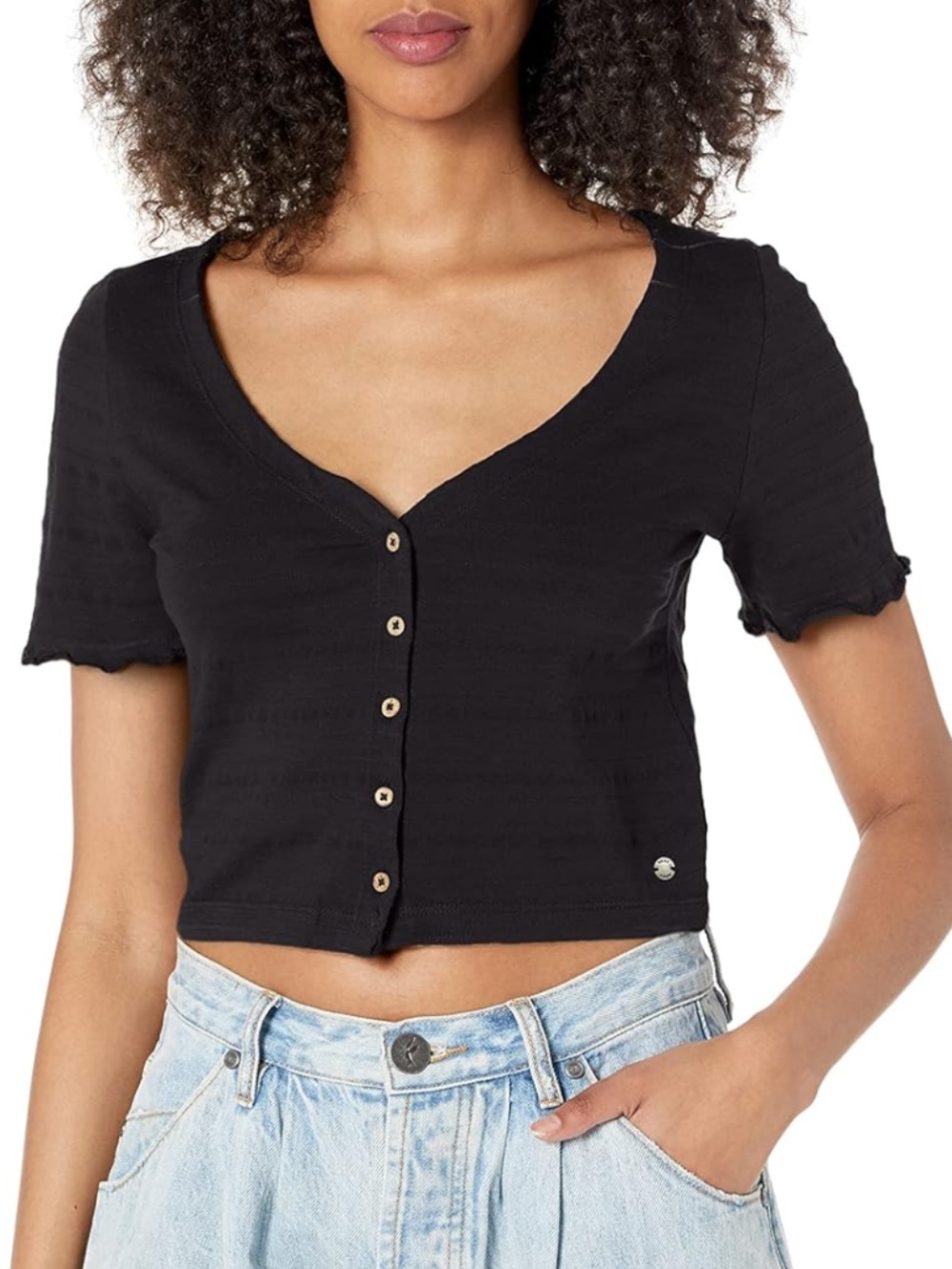 Roxy Black Short-Sleeve Buttoned Crop Top